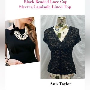 NEW Ann Taylor  Black Beaded Lace Cap Sleeves Camisole Lined Top /size M